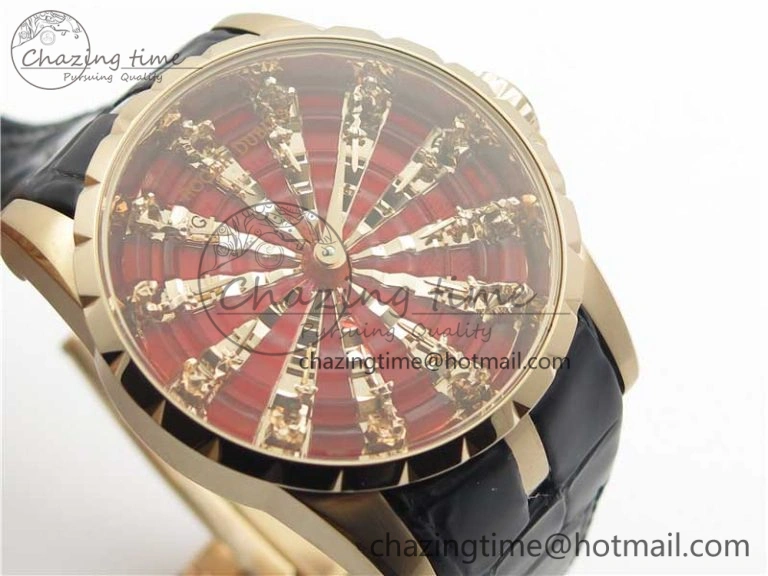 Excalibur Knights of the Round Table II RG ZZF Red Gold Crystal Dial on Black Leather Strap MIYOTA 8215