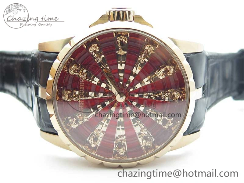 Excalibur Knights of the Round Table II RG ZZF Red Gold Crystal Dial on Black Leather Strap MIYOTA 8215