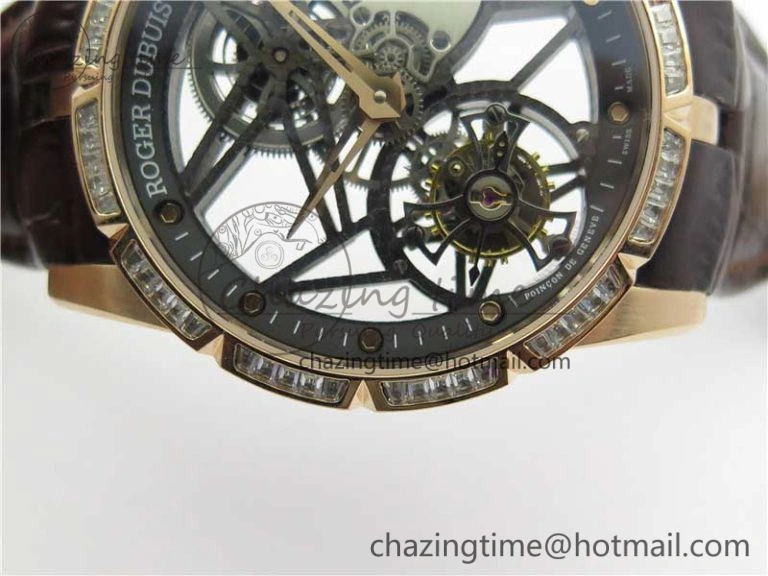 Excalibur Rddbex0393 RG Crystal Bezel BBR Best Edition Skeleton Dial on Brown Leather Strap A2136 Tourbillon V2