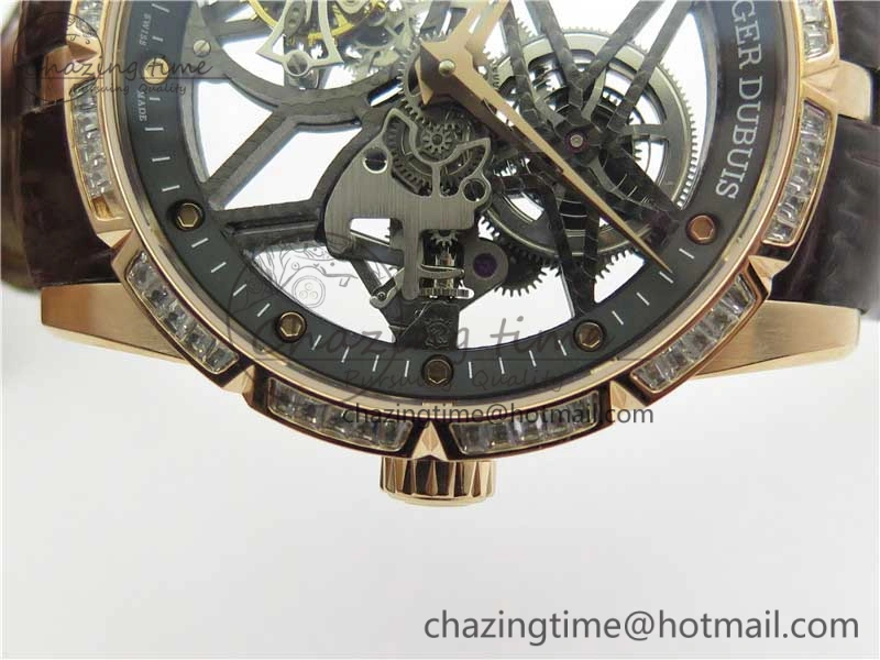 Excalibur Rddbex0393 RG Crystal Bezel BBR Best Edition Skeleton Dial on Brown Leather Strap A2136 Tourbillon V2