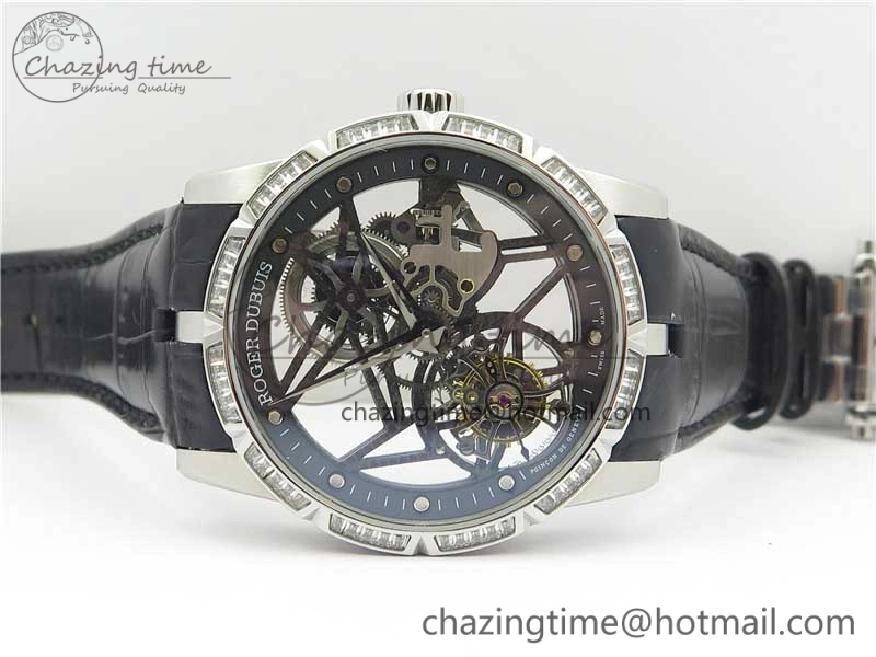 Excalibur Rddbex0393 SS Crystal Bezel BBR Best Edition Skeleton Dial on Black Leather Strap A2136 Tourbillon V2