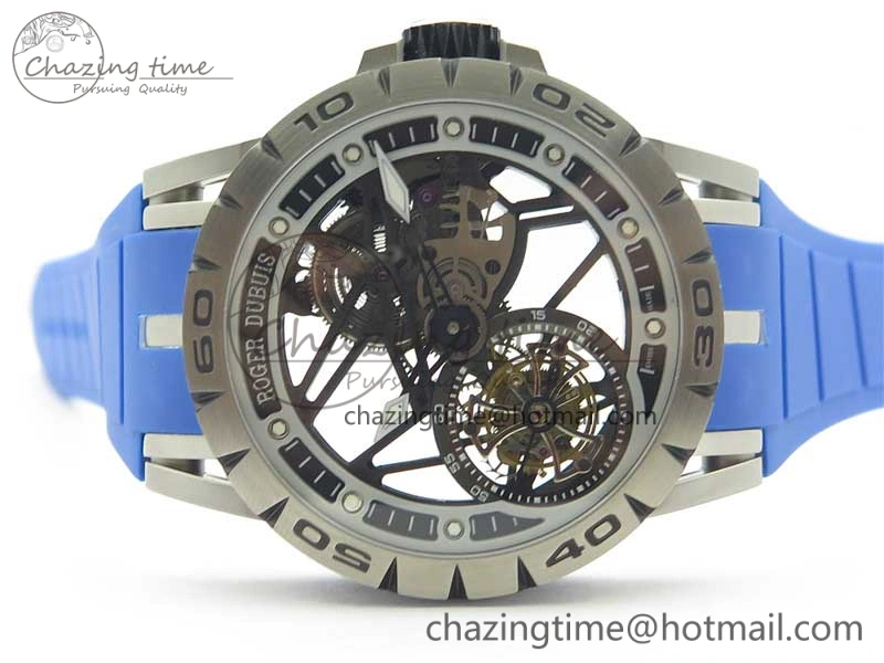 Excalibur Sports Tourbillon SS JBF Best Edition Skeleton Black Dial on Blue Rubber Strap
