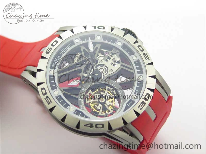 Excalibur Sports Tourbillon SS JBF Best Edition Skeleton Black Dial on Red Rubber Strap
