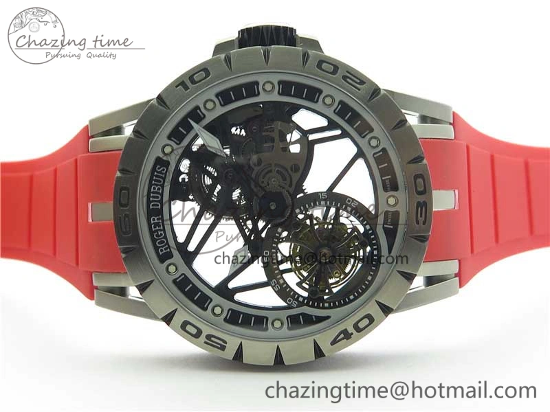 Excalibur Sports Tourbillon SS JBF Best Edition Skeleton Black Dial on Red Rubber Strap