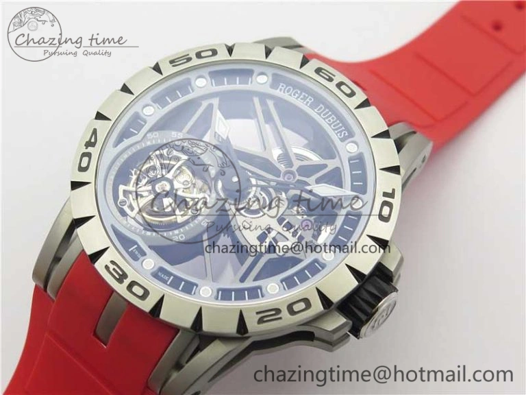 Excalibur Sports Tourbillon SS JBF Best Edition Skeleton Black Dial on Red Rubber Strap