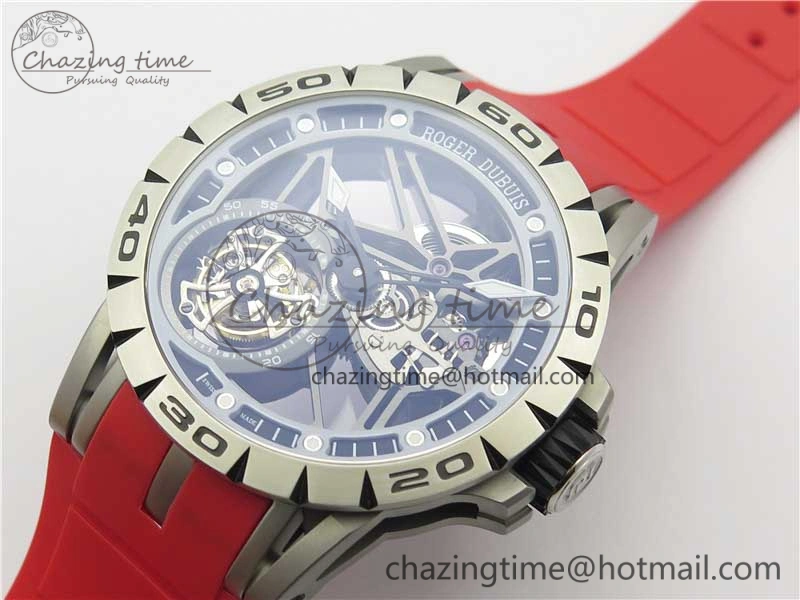 Excalibur Sports Tourbillon SS JBF Best Edition Skeleton Black Dial on Red Rubber Strap