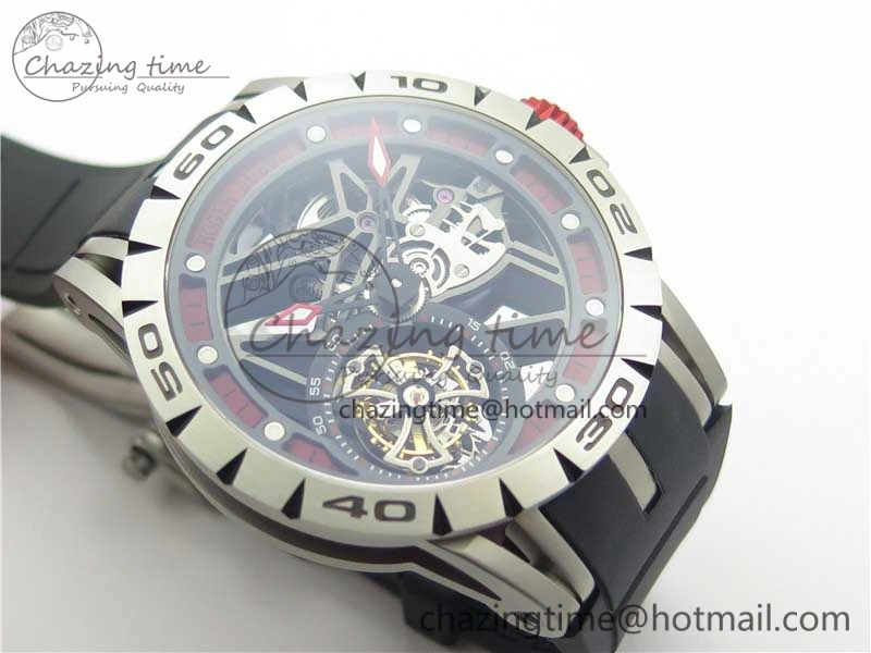 Excalibur Sports Tourbillon SS JBF Best Edition Skeleton Red Dial on Black Rubber Strap