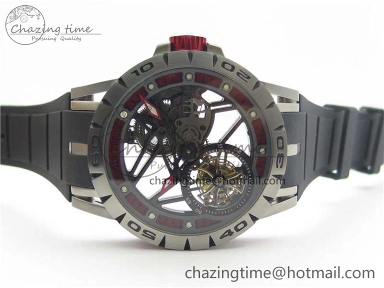 Excalibur Sports Tourbillon SS JBF Best Edition Skeleton Red Dial on Black Rubber Strap