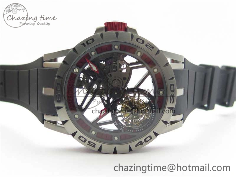 Excalibur Sports Tourbillon SS JBF Best Edition Skeleton Red Dial on Black Rubber Strap