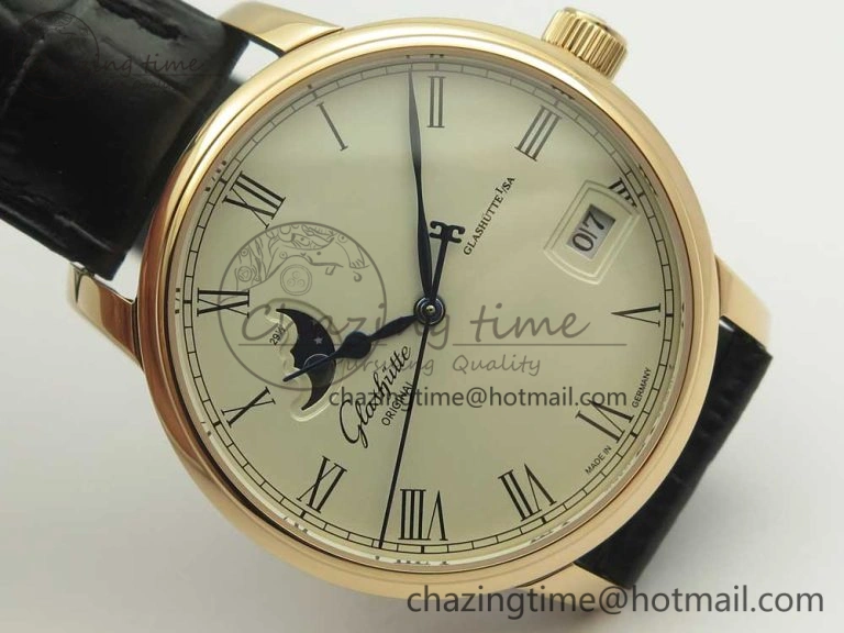 Excellence Panorama 40mm Date Moon Phase RG ETC Marker 1:1 Best Edition White Dial on Black Leather Strap A100