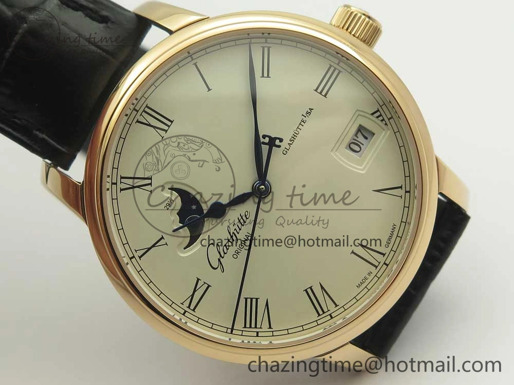 Excellence Panorama 40mm Date Moon Phase RG ETC Marker 1:1 Best Edition White Dial on Black Leather Strap A100
