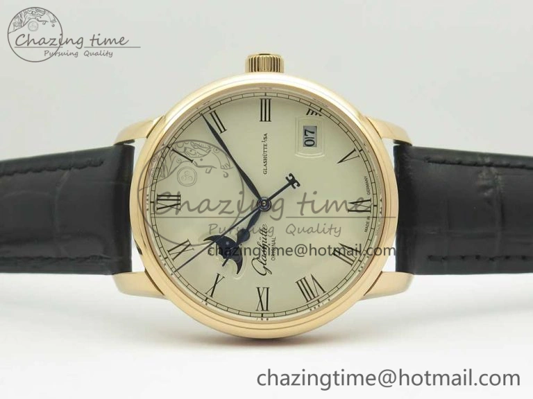 Excellence Panorama 40mm Date Moon Phase RG ETC Marker 1:1 Best Edition White Dial on Black Leather Strap A100