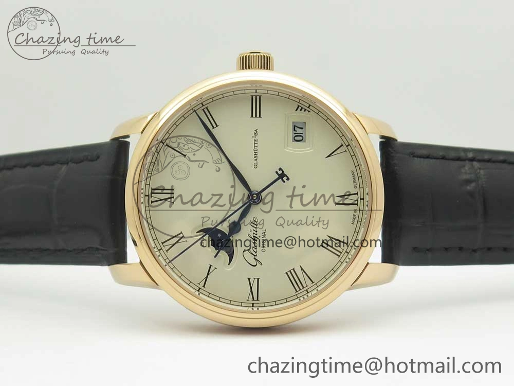 Excellence Panorama 40mm Date Moon Phase RG ETC Marker 1:1 Best Edition White Dial on Black Leather Strap A100