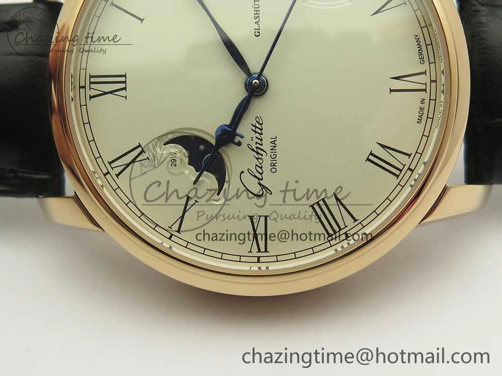 Excellence Panorama 40mm Date Moon Phase RG ETC Marker 1:1 Best Edition White Dial on Black Leather Strap A100