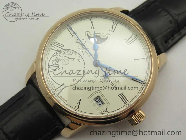 Excellence Panorama 40mm Date Moon Phase RG ETC Marker 1:1 Best Edition White Dial on Black Leather Strap A100