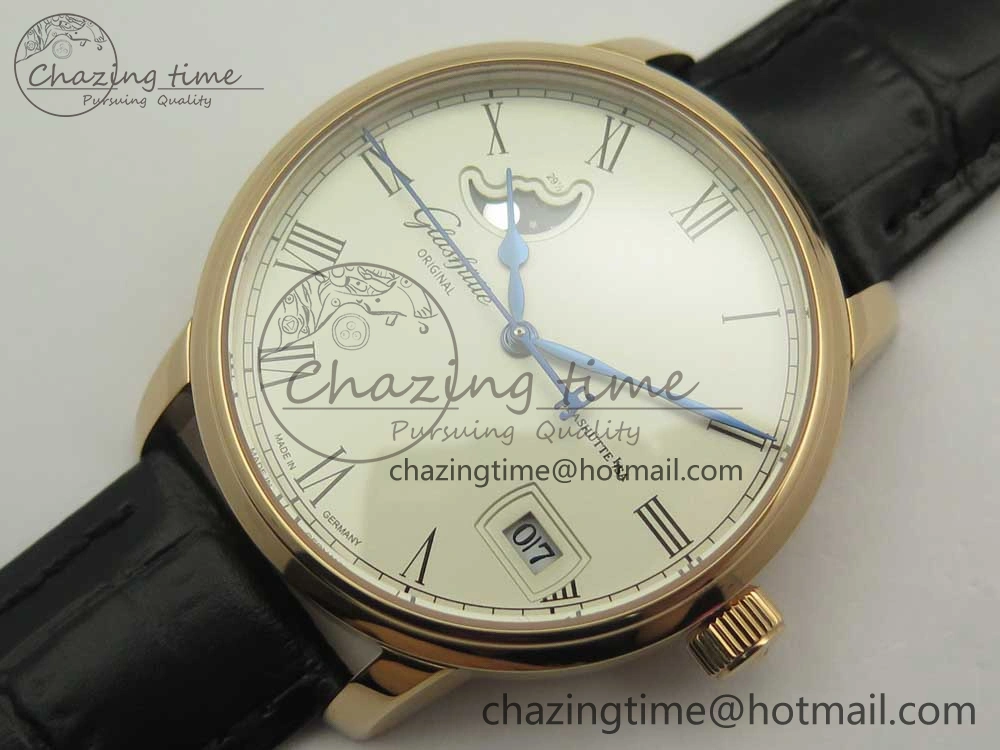 Excellence Panorama 40mm Date Moon Phase RG ETC Marker 1:1 Best Edition White Dial on Black Leather Strap A100