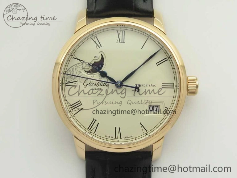 Excellence Panorama 40mm Date Moon Phase RG ETC Marker 1:1 Best Edition White Dial on Black Leather Strap A100