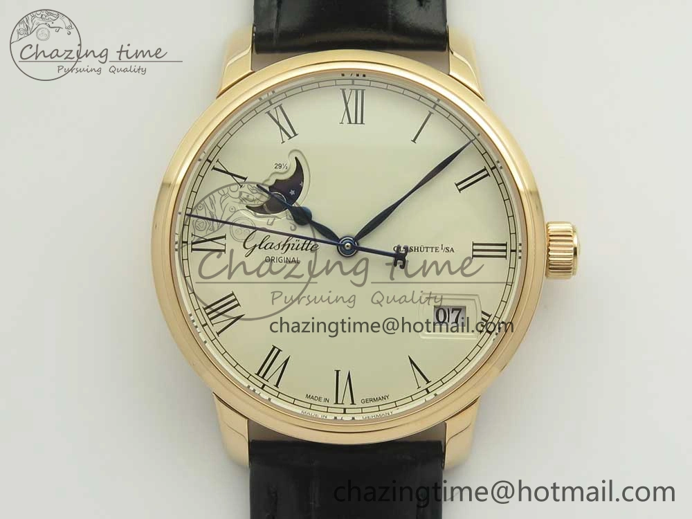 Excellence Panorama 40mm Date Moon Phase RG ETC Marker 1:1 Best Edition White Dial on Black Leather Strap A100