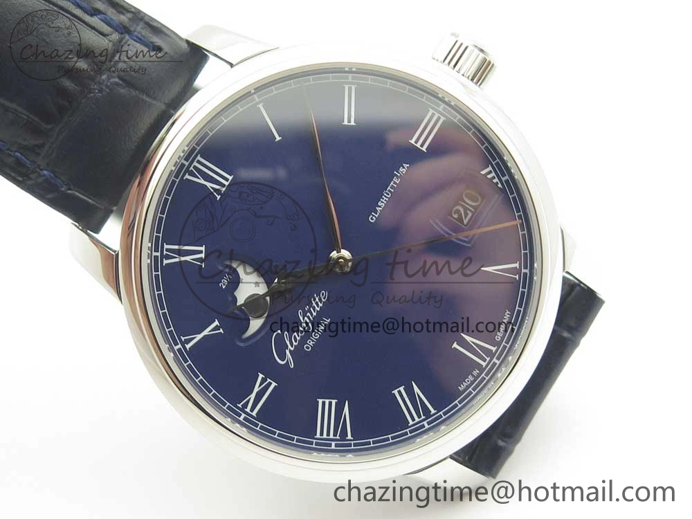 Excellence Panorama 40mm Date Moon Phase SS ETC Marker 1:1 Best Edition Blue Dial on Blue Leather Strap A100