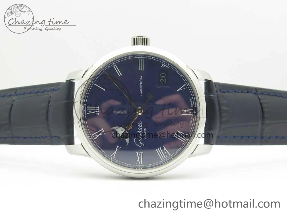 Excellence Panorama 40mm Date Moon Phase SS ETC Marker 1:1 Best Edition Blue Dial on Blue Leather Strap A100