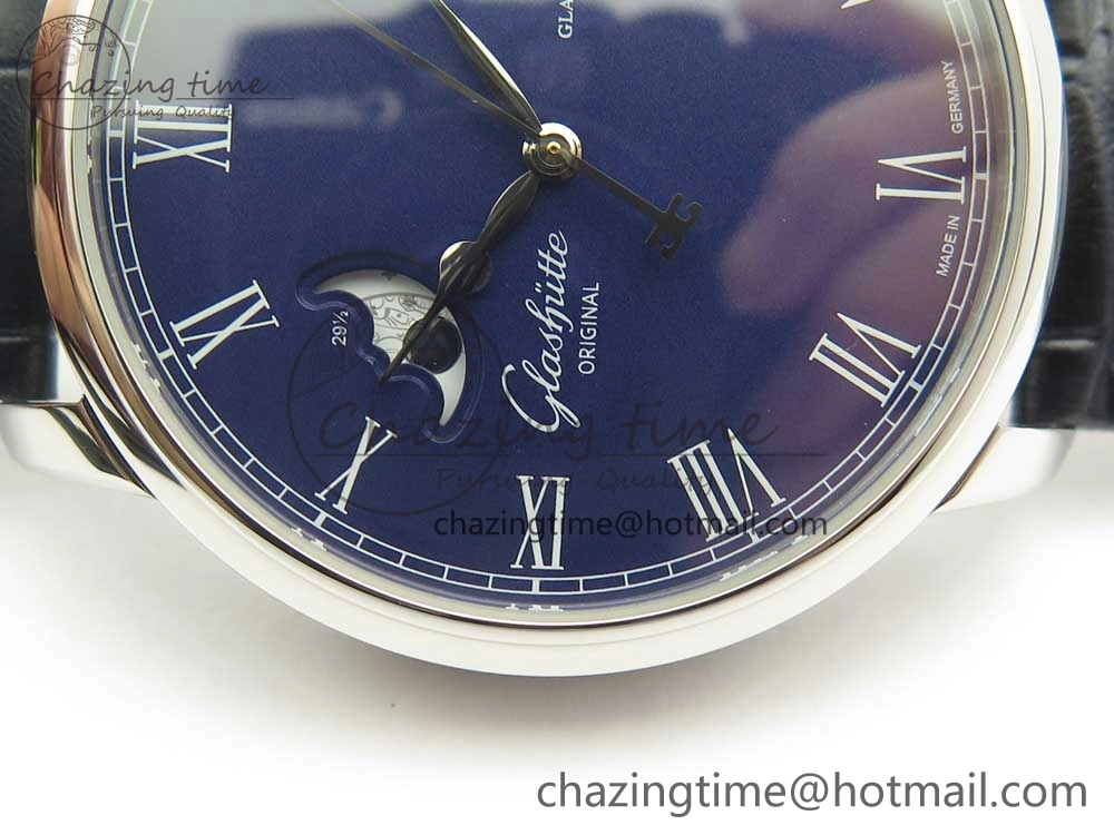 Excellence Panorama 40mm Date Moon Phase SS ETC Marker 1:1 Best Edition Blue Dial on Blue Leather Strap A100