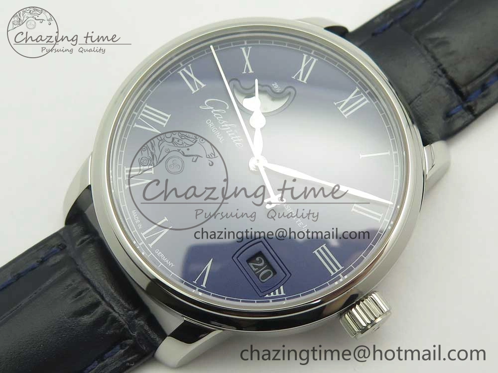 Excellence Panorama 40mm Date Moon Phase SS ETC Marker 1:1 Best Edition Blue Dial on Blue Leather Strap A100