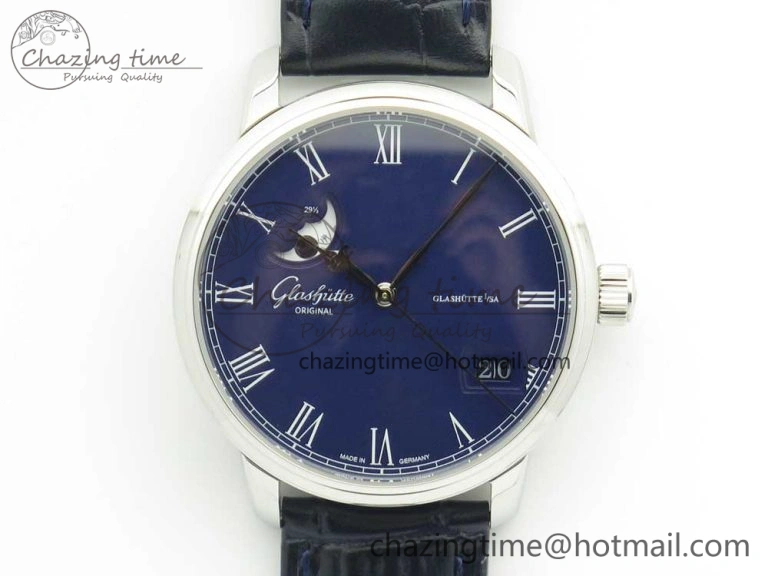 Excellence Panorama 40mm Date Moon Phase SS ETC Marker 1:1 Best Edition Blue Dial on Blue Leather Strap A100