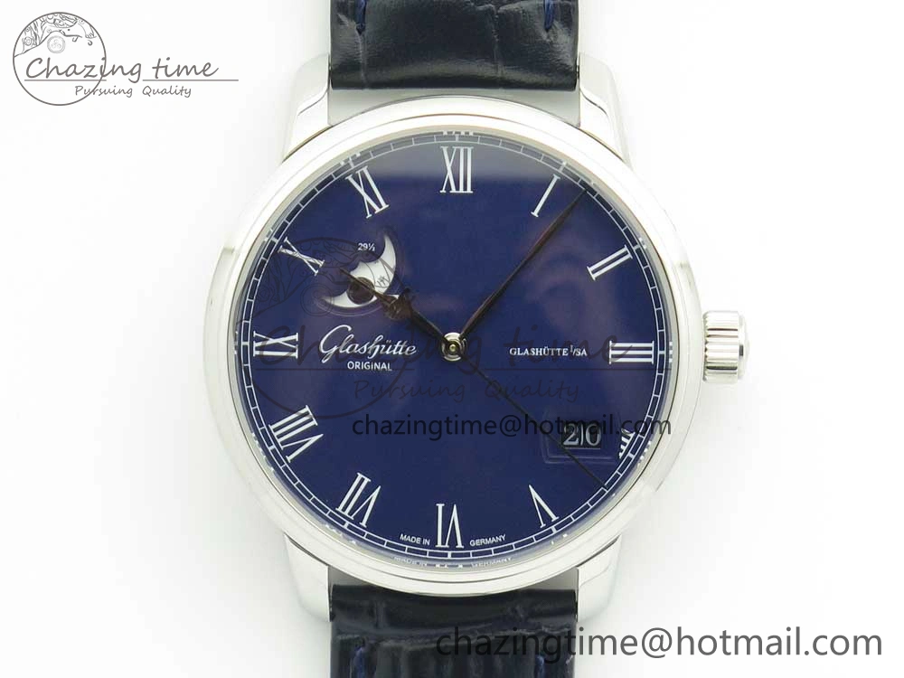 Excellence Panorama 40mm Date Moon Phase SS ETC Marker 1:1 Best Edition Blue Dial on Blue Leather Strap A100