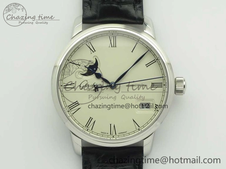 Excellence Panorama 40mm Date Moon Phase SS ETC Marker 1:1 Best Edition Blue Dial on Blue Leather Strap A100