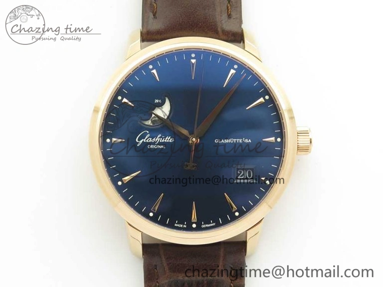 Excellence Panorama 40mm Date Moon Phase SS ETC Marker 1:1 Best Edition Blue Dial on Blue Leather Strap A100