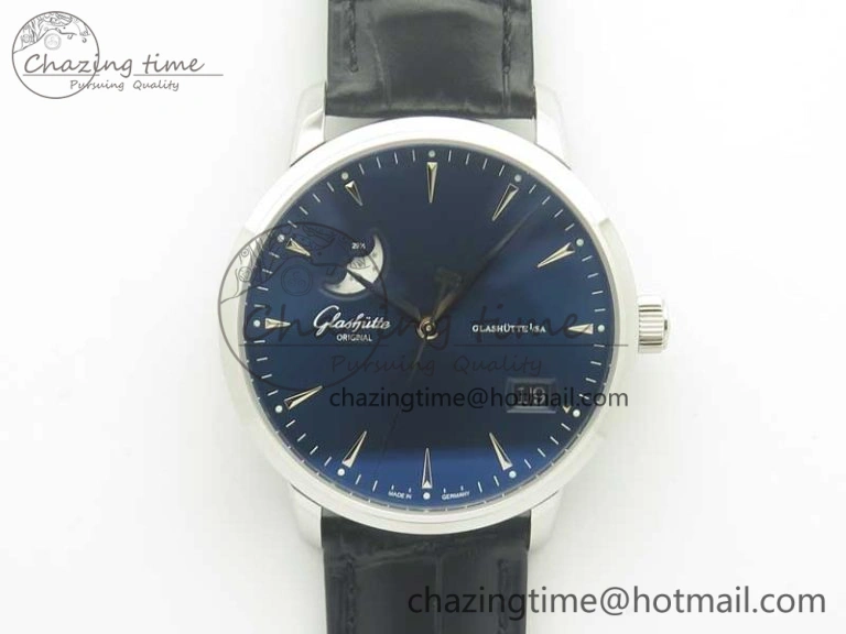 Excellence Panorama 40mm Date Moon Phase SS ETC Marker 1:1 Best Edition Blue Dial on Blue Leather Strap A100