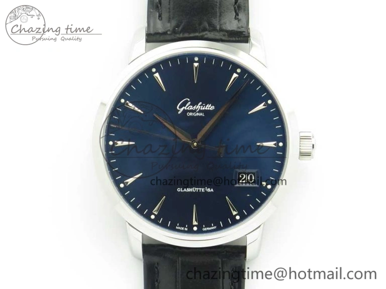 Excellence Panorama 40mm Date Moon Phase SS ETC Marker 1:1 Best Edition Blue Dial on Blue Leather Strap A100