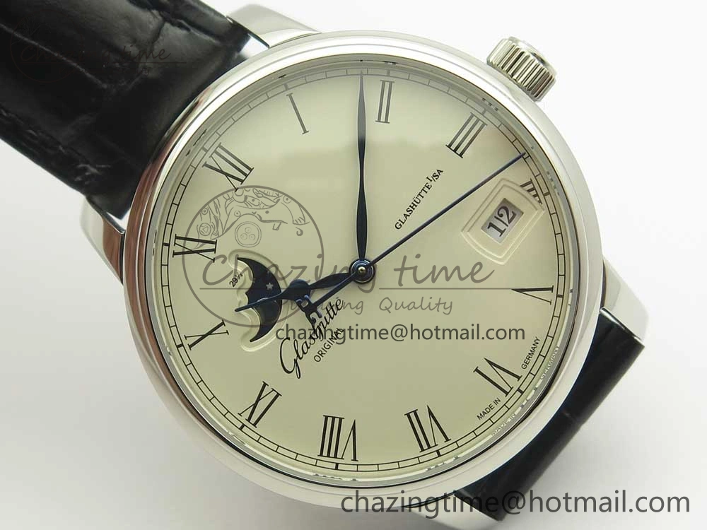 Excellence Panorama 40mm Date Moon Phase SS ETC Marker 1:1 Best Edition White Dial on Black Leather Strap A100