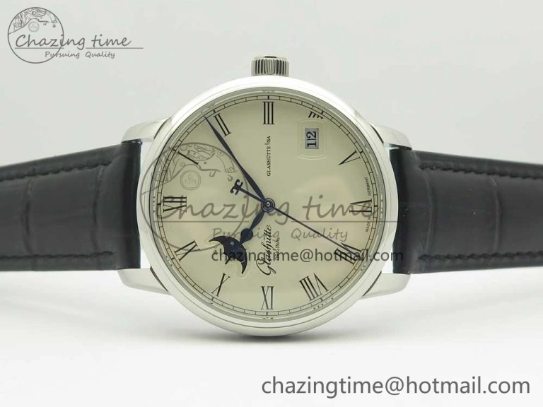 Excellence Panorama 40mm Date Moon Phase SS ETC Marker 1:1 Best Edition White Dial on Black Leather Strap A100