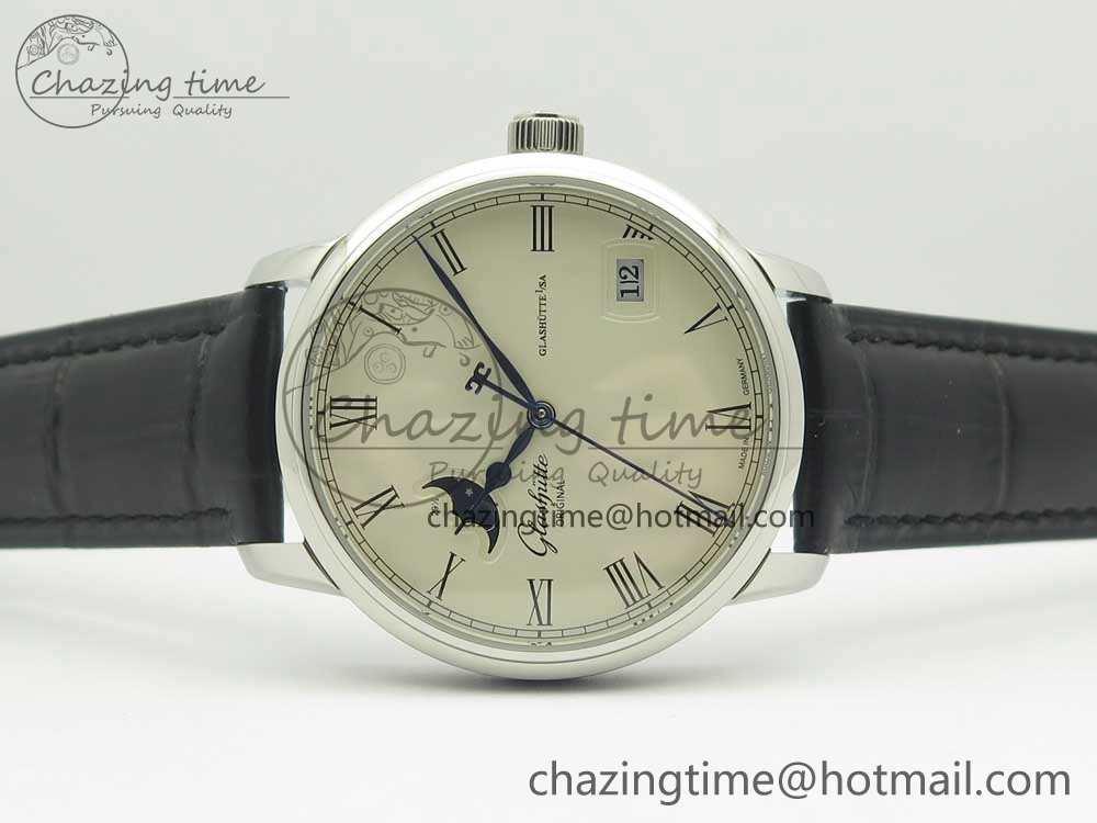 Excellence Panorama 40mm Date Moon Phase SS ETC Marker 1:1 Best Edition White Dial on Black Leather Strap A100