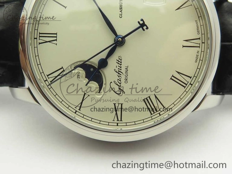 Excellence Panorama 40mm Date Moon Phase SS ETC Marker 1:1 Best Edition White Dial on Black Leather Strap A100