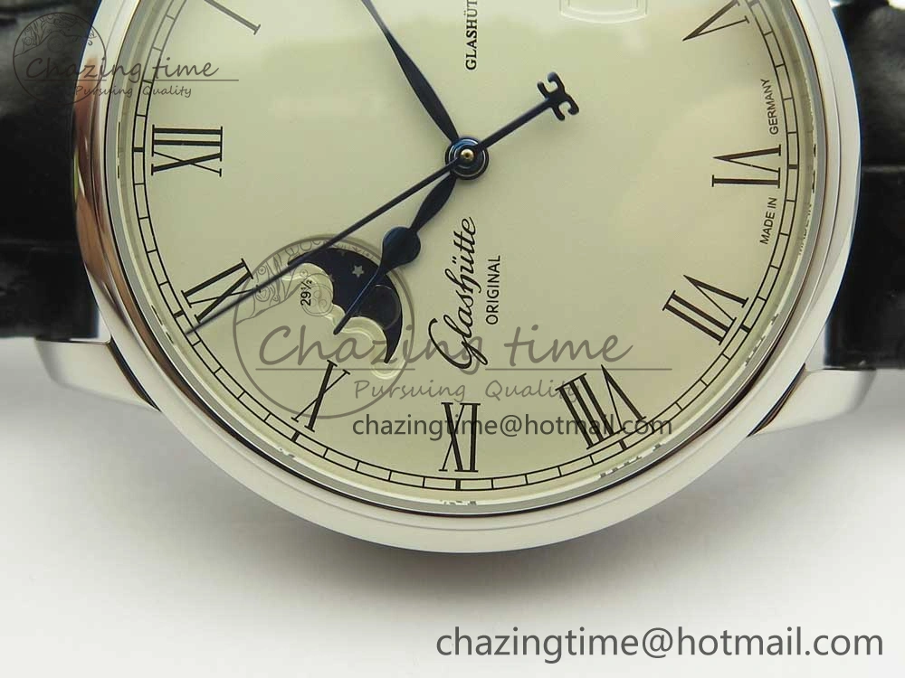 Excellence Panorama 40mm Date Moon Phase SS ETC Marker 1:1 Best Edition White Dial on Black Leather Strap A100