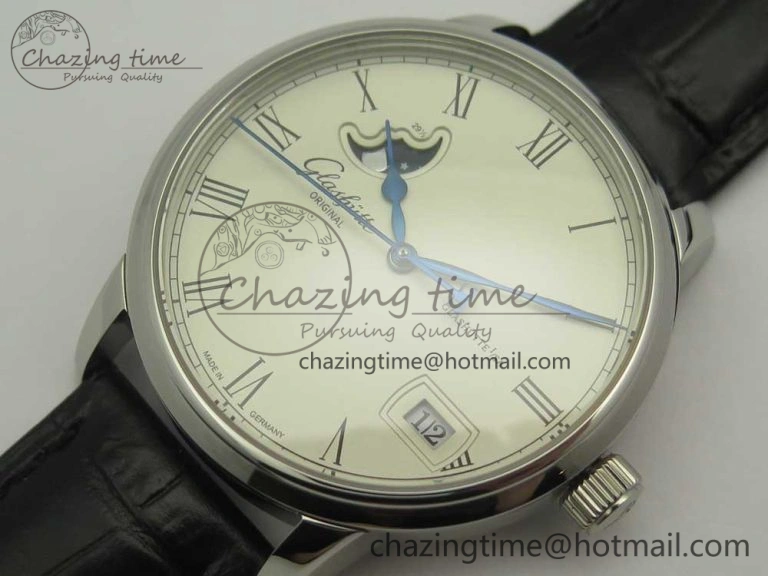 Excellence Panorama 40mm Date Moon Phase SS ETC Marker 1:1 Best Edition White Dial on Black Leather Strap A100