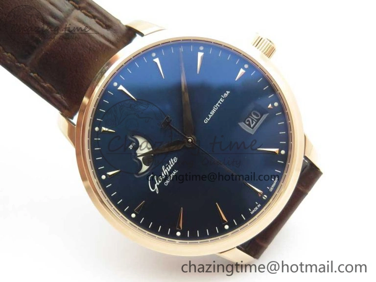 Excellence Panorama Date Moon Phase RG ETCF Blue Dial on Brown Leather Strap A100