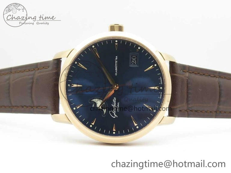Excellence Panorama Date Moon Phase RG ETCF Blue Dial on Brown Leather Strap A100