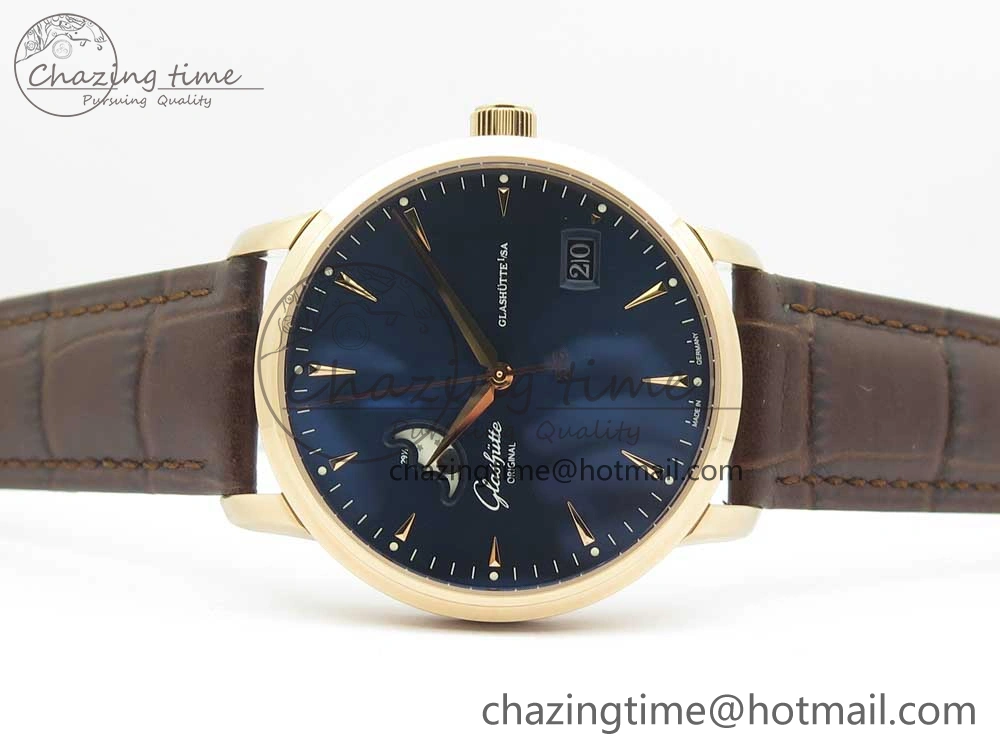 Excellence Panorama Date Moon Phase RG ETCF Blue Dial on Brown Leather Strap A100