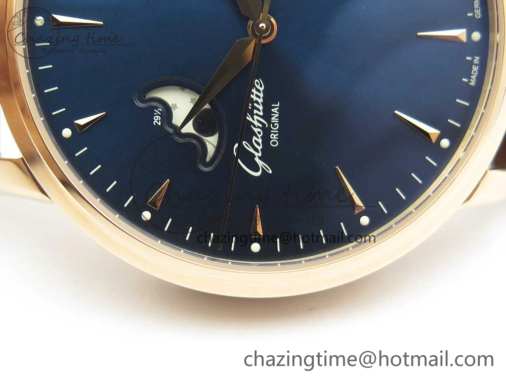 Excellence Panorama Date Moon Phase RG ETCF Blue Dial on Brown Leather Strap A100