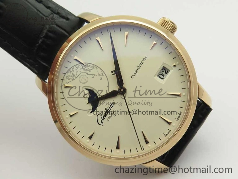 Excellence Panorama Date Moon Phase RG ETCF White Dial on Black Leather Strap A100