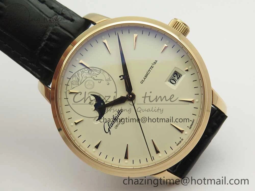 Excellence Panorama Date Moon Phase RG ETCF White Dial on Black Leather Strap A100