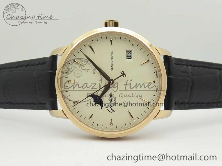 Excellence Panorama Date Moon Phase RG ETCF White Dial on Black Leather Strap A100