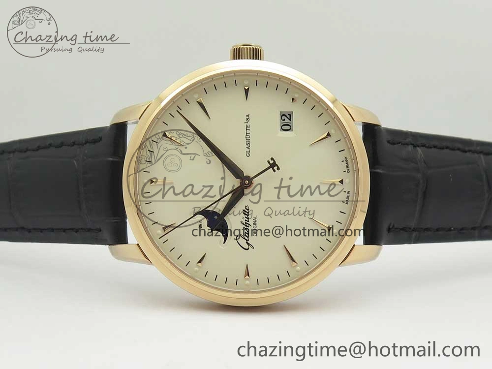 Excellence Panorama Date Moon Phase RG ETCF White Dial on Black Leather Strap A100