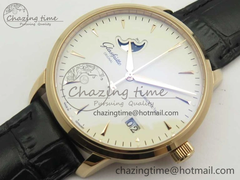 Excellence Panorama Date Moon Phase RG ETCF White Dial on Black Leather Strap A100