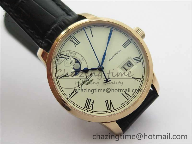 Excellence Panorama Date Moon Phase RG GLF 1:1 Best Edition White Dial on Black Leather Strap A100