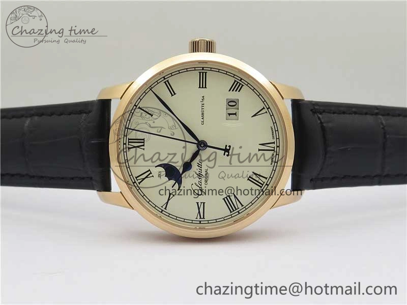 Excellence Panorama Date Moon Phase RG GLF 1:1 Best Edition White Dial on Black Leather Strap A100