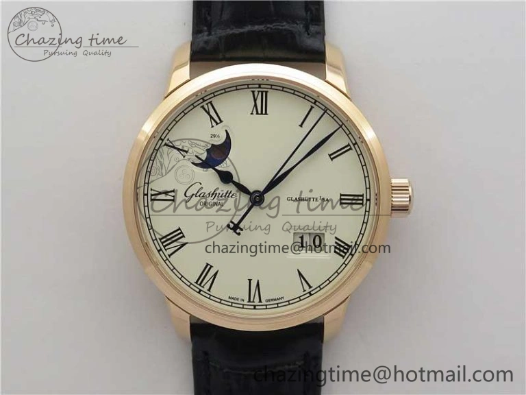 Excellence Panorama Date Moon Phase RG GLF 1:1 Best Edition White Dial on Black Leather Strap A100